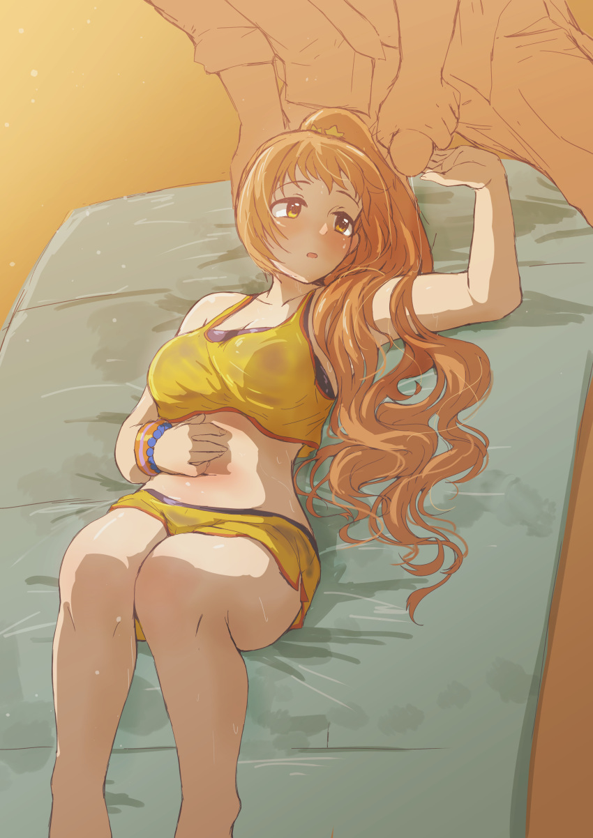 1boy 1girl absurdres blush breasts brown_eyes brown_hair collarbone commission crop_top feet_out_of_frame hair_flowing_over hair_over_shoulder highres idolmaster idolmaster_cinderella_girls legs_folded long_hair looking_at_penis lying mattress medium_breasts midriff necktie on_back parted_lips partially_colored penis pixiv_commission ponytail shirt shorts sleeveless sleeveless_shirt tomawarinosuizou wakabayashi_tomoka wristband yellow_shirt yellow_shorts