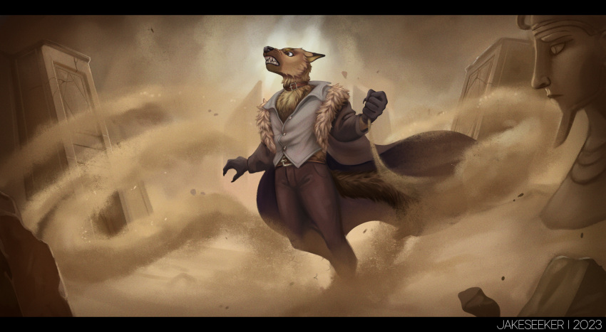 anthro canid canine canis clothed clothing desert detailed_background digital_media_(artwork) domestic_dog egyptian fingers hair hi_res jakeseeker male mammal outside sand solo standing tail teeth topwear