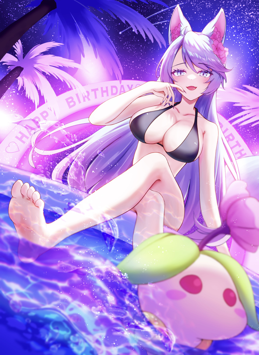 1girl absurdres animal_ear_fluff animal_ears bikini black_bikini blue_hair blue_nails blush breasts choker cleavage collarbone flower flower_choker gradient_hair gradient_nails hair_flower hair_ornament happy_birthday highres indie_virtual_youtuber large_breasts long_hair looking_at_viewer looking_down multicolored_hair multicolored_tail nohanenoe open_mouth outdoors palm_tree partially_submerged pink_hair pink_tail silvervale sky solo star_(sky) starry_background starry_sky swimsuit tail tree very_long_hair virtual_youtuber water wolf_ears wolf_girl