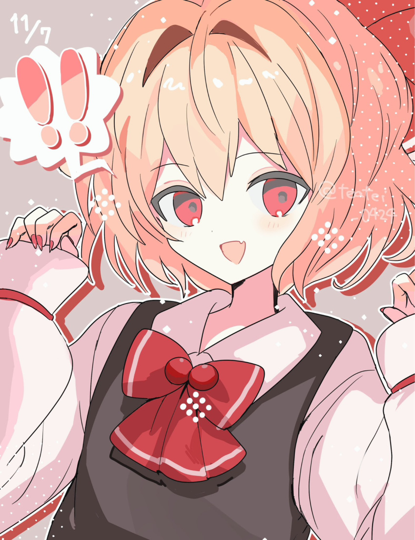 ! !! 1girl black_vest blonde_hair blush collared_shirt fang fingernails hair_between_eyes hair_ribbon highres long_sleeves looking_at_viewer nail_polish open_mouth red_eyes red_nails red_ribbon ribbon rumia shirocha_tei shirt short_hair skin_fang smile solo spoken_exclamation_mark touhou twitter_username upper_body vest white_shirt