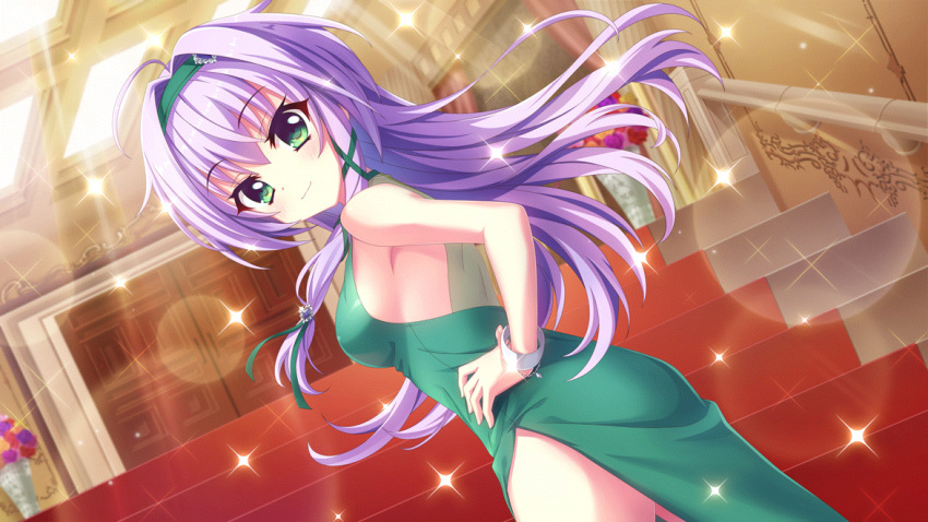 1girl ahoge breasts closed_mouth dot_nose dutch_angle film_grain flower from_behind game_cg green_eyes green_hairband green_ribbon hair_ribbon hairband hand_on_own_hip hokaze_kanade indoors izumi_tsubasu lens_flare long_hair looking_back medium_breasts non-web_source official_art purple_flower purple_hair re:stage! red_carpet red_flower ribbon side_slit sideboob smile solo sparkle stairs white_bracelet wooden_door yellow_flower