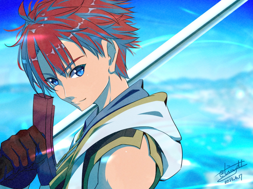 1boy adol_christin ahoge blue_eyes blue_sky dated gloves highres holding holding_sword holding_weapon looking_at_viewer ocean outdoors over_shoulder red_hair short_hair signature sky sleeveless smile solo sword sword_over_shoulder tinybiard twitter_username weapon weapon_over_shoulder ys ys_x_nordics