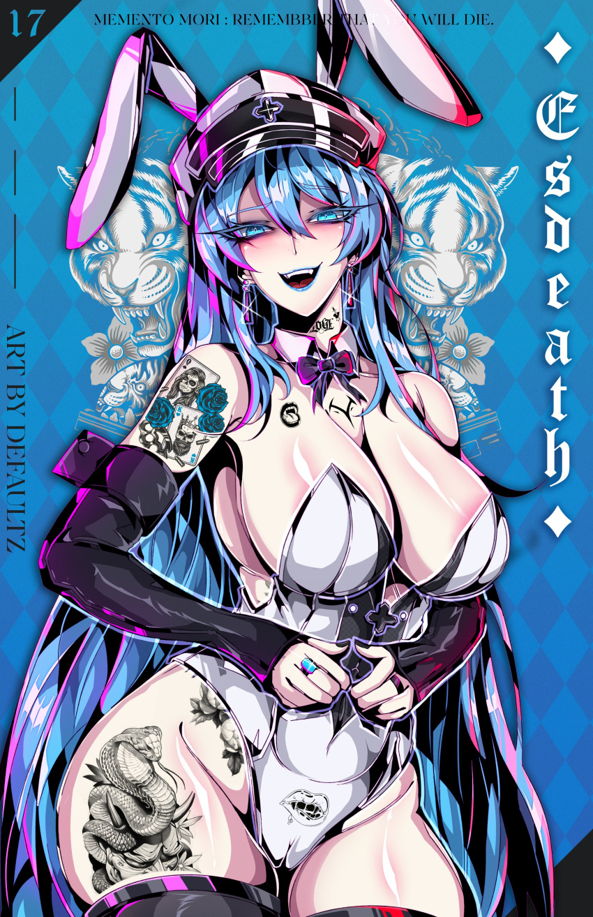 1girl absurdres akame_ga_kill! animal_ears animal_print argyle argyle_background arm_tattoo artist_name bare_shoulders black_nails black_sleeves black_thighhighs blue_background blue_eyes blue_gemstone blue_hair blue_lips breasts character_name chest_tattoo collar cowboy_shot defaultz detached_collar detached_sleeves earrings esdeath flower_tattoo gem hair_between_eyes hat highres jewelry large_breasts leg_tattoo leotard long_hair military_hat neck_tattoo open_mouth paid_reward_available rabbit_ears ring snake_tattoo tattoo thighhighs tiger_print white_collar white_leotard