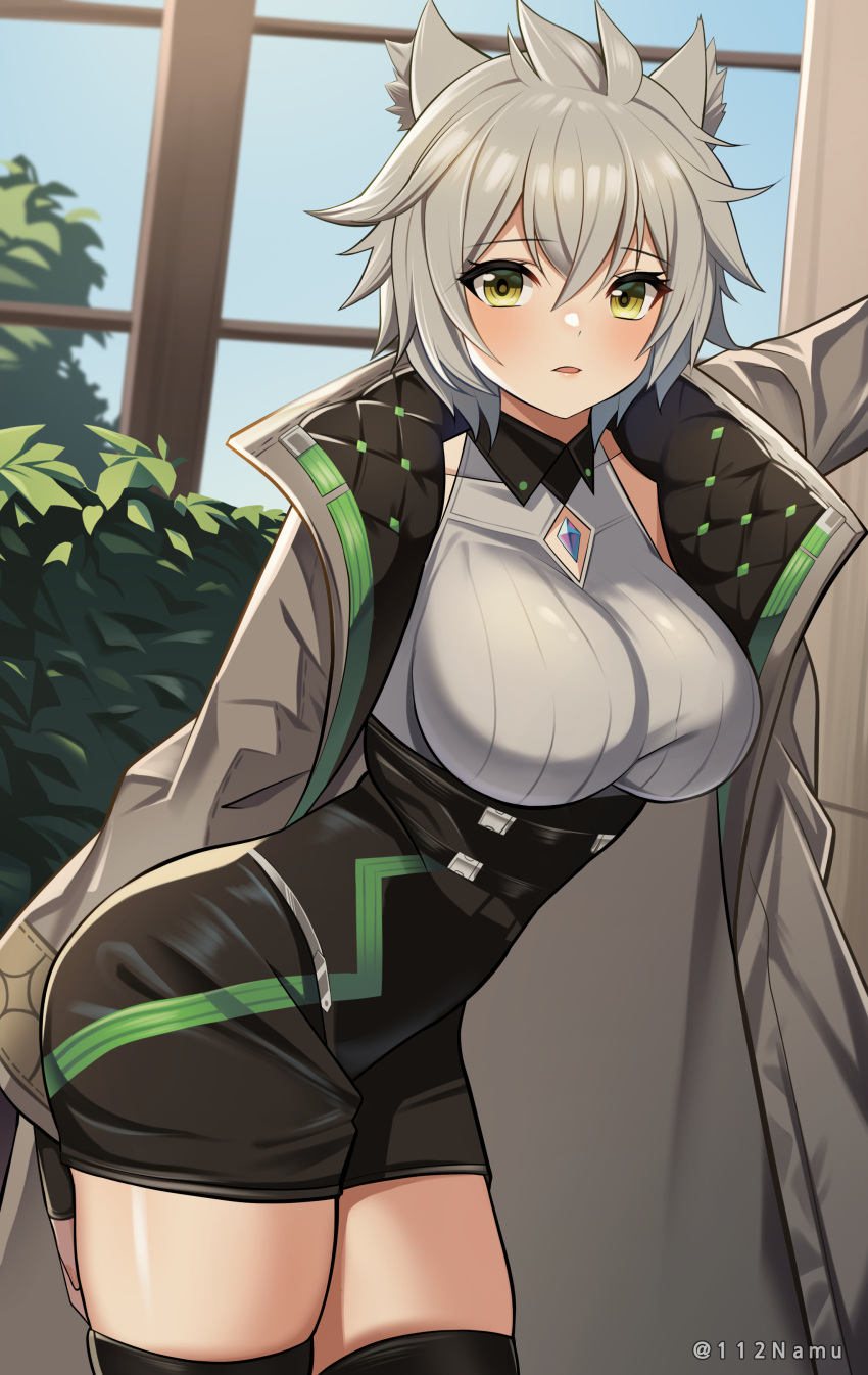 1girl absurdres animal_ears breasts cat_ears cat_girl chest_jewel clothing_cutout core_crystal_(xenoblade) crystal diamond_cutout fingerless_gloves gloves high-waist_shorts highres jacket large_breasts looking_at_viewer messy_hair na'el_(xenoblade) namu_(112namu) open_clothes open_jacket romper short_hair short_shorts shorts solo thighhighs thighs xenoblade_chronicles_(series) xenoblade_chronicles_3 xenoblade_chronicles_3:_future_redeemed yellow_eyes