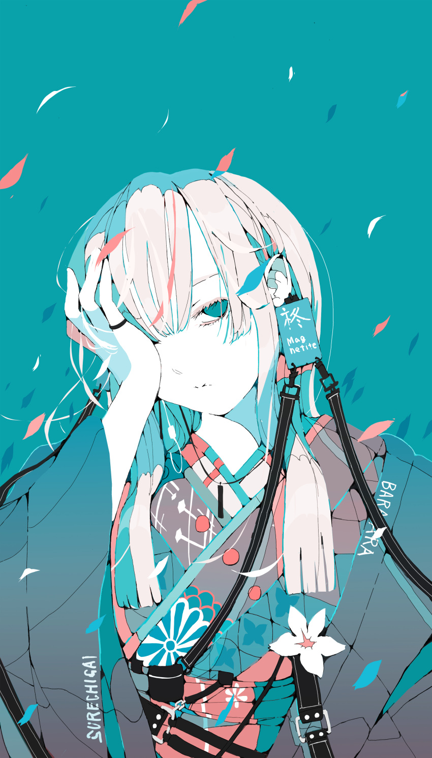 1girl absurdres blue_background blue_eyes buckle closed_mouth commentary_request covering_one_eye ear_piercing expressionless falling_leaves floral_print flower hand_on_own_face haori head_tilt highres japanese_clothes jewelry kimono leaf long_bangs long_hair long_sleeves looking_at_viewer multicolored_clothes multicolored_hair multicolored_kimono no_pupils nocopyrightgirl obi original pale_skin piercing red_hair ring sash sidelocks solo streaked_hair upper_body white_flower white_hair wide_sleeves