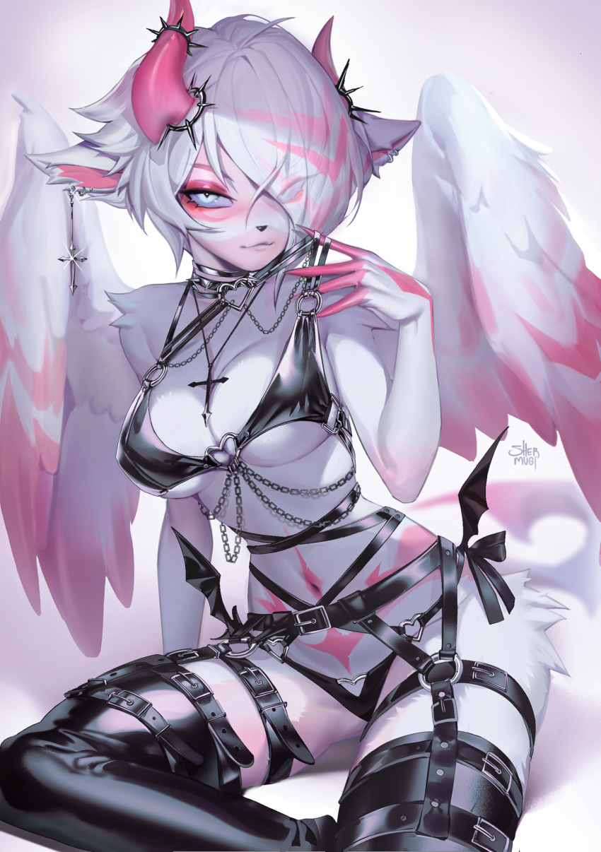 anthro black_clothing black_collar black_latex black_panties black_underwear blue_eyes clothed clothing collar cross ear_piercing ear_ring feathered_wings feathers female front_view fur hair hi_res horn jewelry latex_bra latex_legwear looking_at_viewer markings mega_absol mega_evolution mouth_closed narrowed_eyes navel necklace nintendo panties piercing pink_body pink_fur pink_horn pink_markings pokemon pokemon_(species) purple_sclera ring_piercing shermugi signature simple_background skimpy solo spiked_collar spikes underwear white_background white_body white_fur white_hair wings