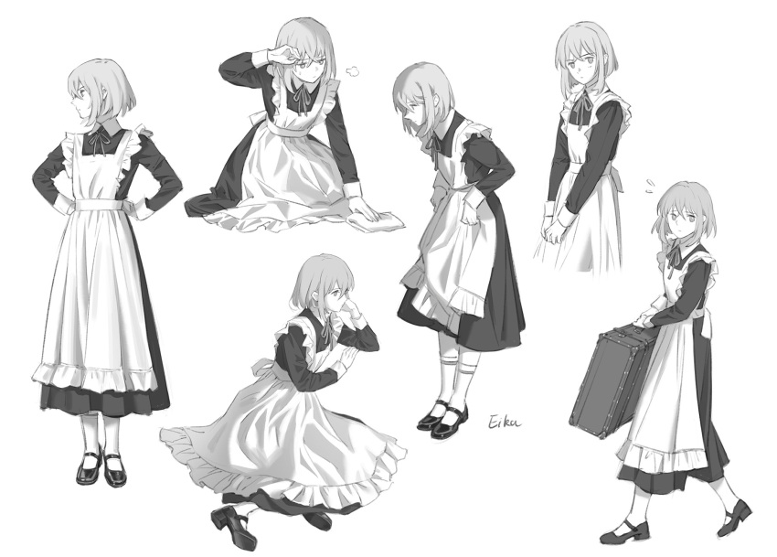 1boy alternate_costume apron arms_behind_back artist_name blush bob_cut bow bowtie cleaning commentary crossdressing crossed_bangs eika127 english_commentary enmaided flying_sweatdrops frilled_apron frills greyscale hand_up head_rest highres holding holding_rag holding_suitcase honebami_toushirou kneeling long_sleeves looking_ahead looking_at_viewer looking_down looking_to_the_side maid male_focus mary_janes monochrome multiple_views otoko_no_ko own_hands_together profile rag shoes short_hair sigh simple_background sitting skirt_hold socks standing suitcase thinking touken_ranbu v_arms walking wiping wiping_sweat yokozuwari