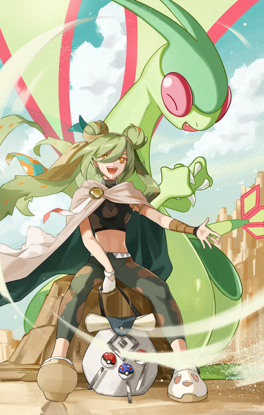 1girl absurdres bag bandaged_arm bandages cape claws crocs crop_top desert double_bun dragon fangs flygon gloves great_ball green_hair ground_miku_(project_voltage) hair_between_eyes hair_bun hatsune_miku highres long_hair midriff open_mouth orange_eyes p9_nai pants poke_ball pokemon pokemon_(creature) project_voltage sand single_glove sitting sitting_on_rock smile twintails very_long_hair vocaloid white_gloves