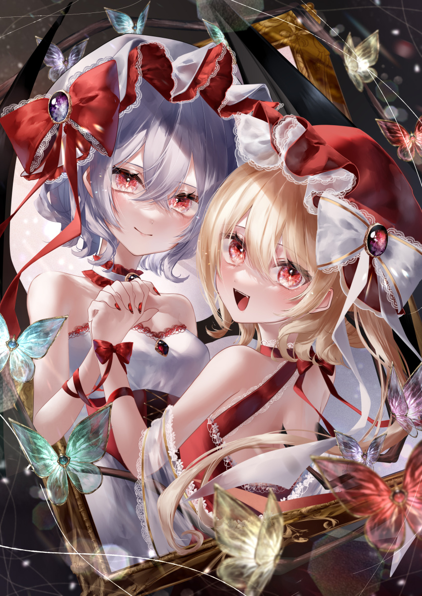 2girls :d absurdres adapted_costume backless_dress backless_outfit bare_shoulders blonde_hair blue_hair bow bug butterfly closed_mouth commentary_request dress flandre_scarlet gem hat hat_bow highres holding_hands lace-trimmed_dress lace-trimmed_headwear lace-trimmed_shawl lace_trim long_hair looking_at_viewer looking_back mob_cap multiple_girls open_mouth purple_gemstone red_bow red_dress red_gemstone red_headwear red_nails red_ribbon remilia_scarlet ribbon see-through_shawl shawl short_hair siblings sisters smile strapless strapless_dress touhou upper_body white_bow white_dress white_headwear white_shawl wings yukia_(yukia_777)