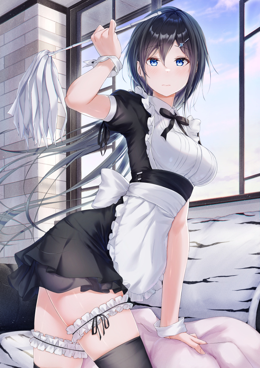 1girl absurdres apron bangs black_bow black_thighhighs blue_eyes blue_hair blue_sky blush bow breasts bridal_garter closed_mouth frilled_apron frills hair_ornament hairclip highres indoors large_breasts long_hair looking_at_viewer maid maid_apron maid_headdress meen_(ouaughikepdvrsf) original short_sleeves sky solo thighhighs window