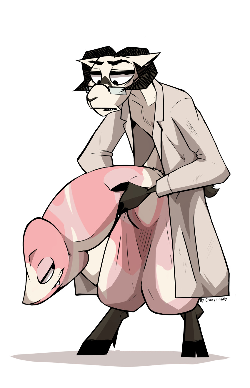 absurd_res anthro balls bathrobe big_balls big_penis black_feet black_nose bovid caprine clothing ears_back eyewear fur genitals glasses hand_on_butt hi_res hooves horn humanoid_genitalia humanoid_penis hyper hyper_genitalia in_full_growth living_penis male mammal ozzymandy penis pink_penis pivoted_ears robe sheep simple_background smile smiling_at_each_other solo white_background white_body white_ears white_fur