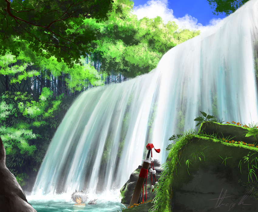 1girl animal_ears blue_sky closed_eyes closed_mouth cloud commentary commentary_request forest grass grey_hair highres inubashiri_momiji nature oubachiago partial_commentary pom_pom_(clothes) red_headwear river scenery short_hair signature sky smile solo summer sword tail touhou tree water waterfall weapon wolf_ears wolf_girl wolf_tail