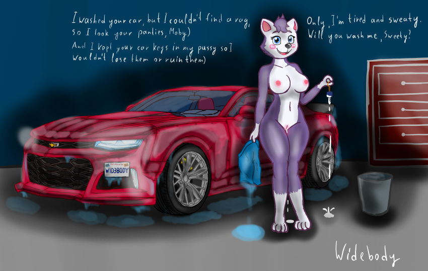 anthro blue_eyes bodily_fluids breasts canid canine canis car chevrolet chevrolet_camaro clothing cum domestic_dog ejaculation english_text everest_(paw_patrol) female fur genital_fluids genitals hi_res husky license_plate mammal mobywidebody nipples nordic_sled_dog nude open_mouth open_smile panties paw_patrol purple_body purple_fur pussy pussy_juice smile spitz text underwear vehicle water wet wet_clothing wet_panties wet_underwear white_body white_fur