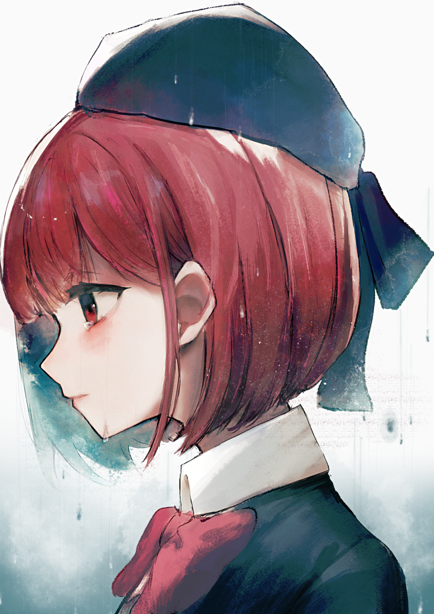 1girl arima_kana beret black_ribbon blue_headwear blue_jacket bob_cut bow bowtie closed_mouth collared_shirt commentary_request crying crying_with_eyes_open hat highres inverted_bob jacket jigsaw_paru oshi_no_ko partial_commentary pink_bow pink_bowtie rain red_eyes red_hair ribbon school_uniform shirt short_hair sidelocks solo tears white_shirt youtou_high_school_uniform