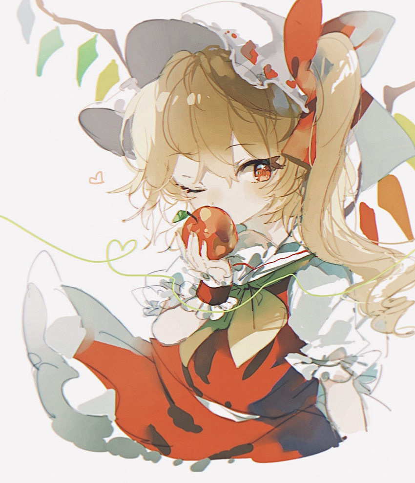 1girl apple blonde_hair bow bowtie commentary_request covered_mouth cropped_legs crystal flandre_scarlet food fruit hair_bow hand_up hat heart heart_of_string highres holding holding_food light_blush looking_to_the_side mob_cap mrhrprpr one_eye_closed one_side_up puffy_short_sleeves puffy_sleeves red_bow red_eyes red_skirt red_vest short_hair_with_long_locks short_sleeves simple_background skirt skirt_set solo touhou vest white_background wings wrist_cuffs yellow_bow yellow_bowtie