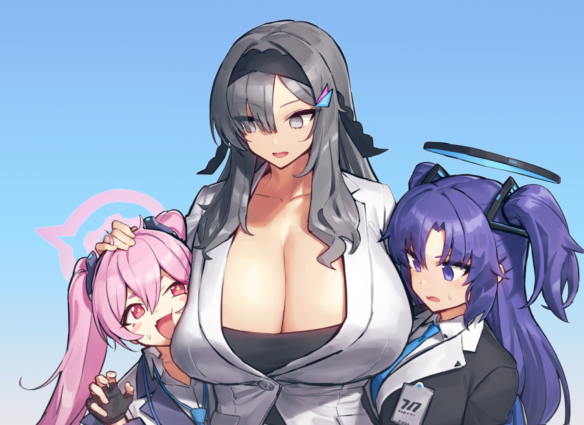 3girls black_gloves black_hairband black_jacket blue_archive blue_background blush_stickers breasts cleavage commentary_request empty_eyes fang female_sensei_(blue_archive) fingerless_gloves gloves grey_eyes grey_hair hair_ornament hairband halo hand_on_another's_head huge_breasts id_card jacket koyuki_(blue_archive) long_hair looking_at_breasts melon22 multiple_girls necktie open_mouth parted_lips pink_hair purple_hair sensei_(blue_archive) shirt sweat twintails two_side_up upper_body white_jacket yuuka_(blue_archive)
