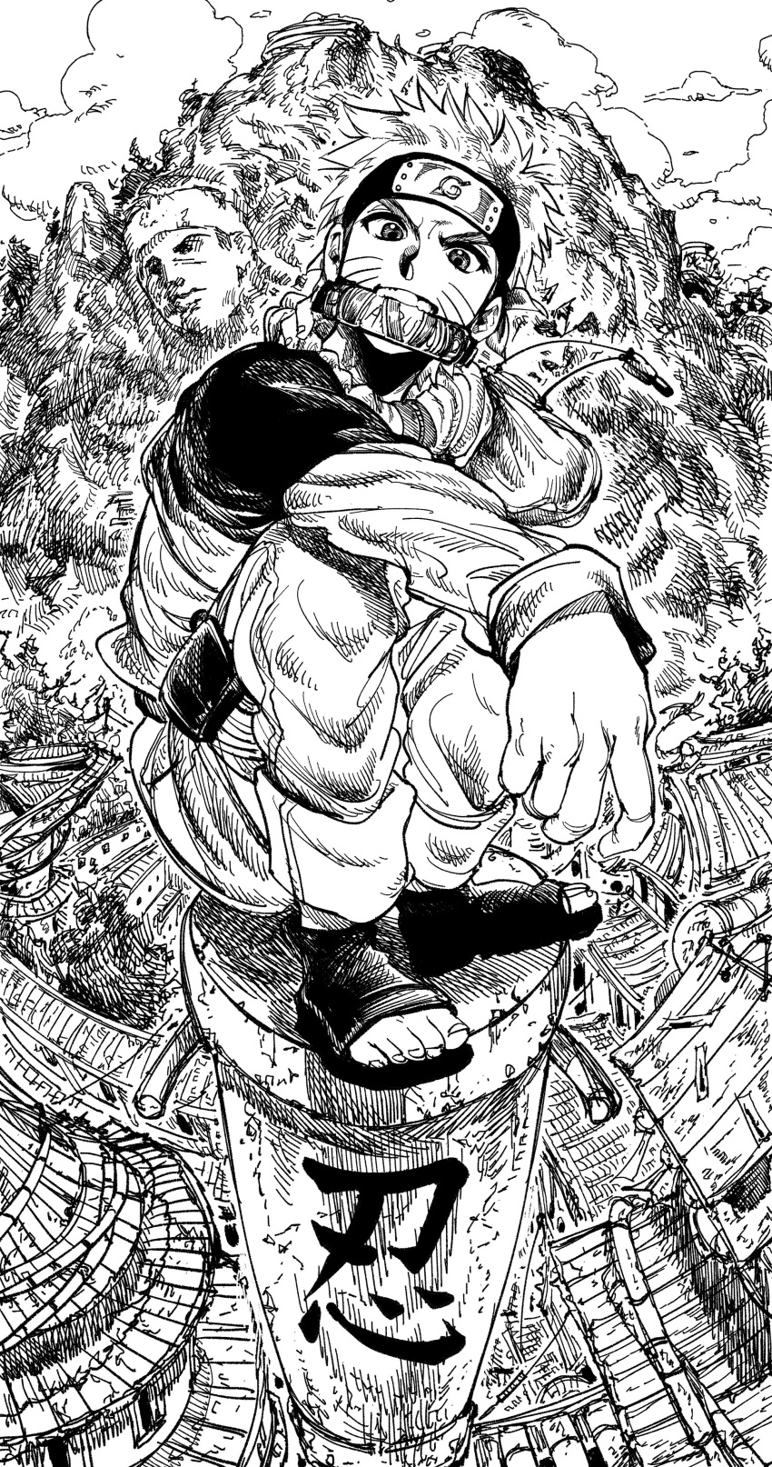 1boy absurdres building forehead_protector full_body greyscale headband highres jumpsuit konohagakure_symbol long_sleeves looking_at_viewer male_focus monochrome mountain mouth_hold my_nameisyoon naruto naruto_(series) outdoors sandals scroll short_hair solo squatting statue thigh_pouch uzumaki_naruto v-shaped_eyebrows