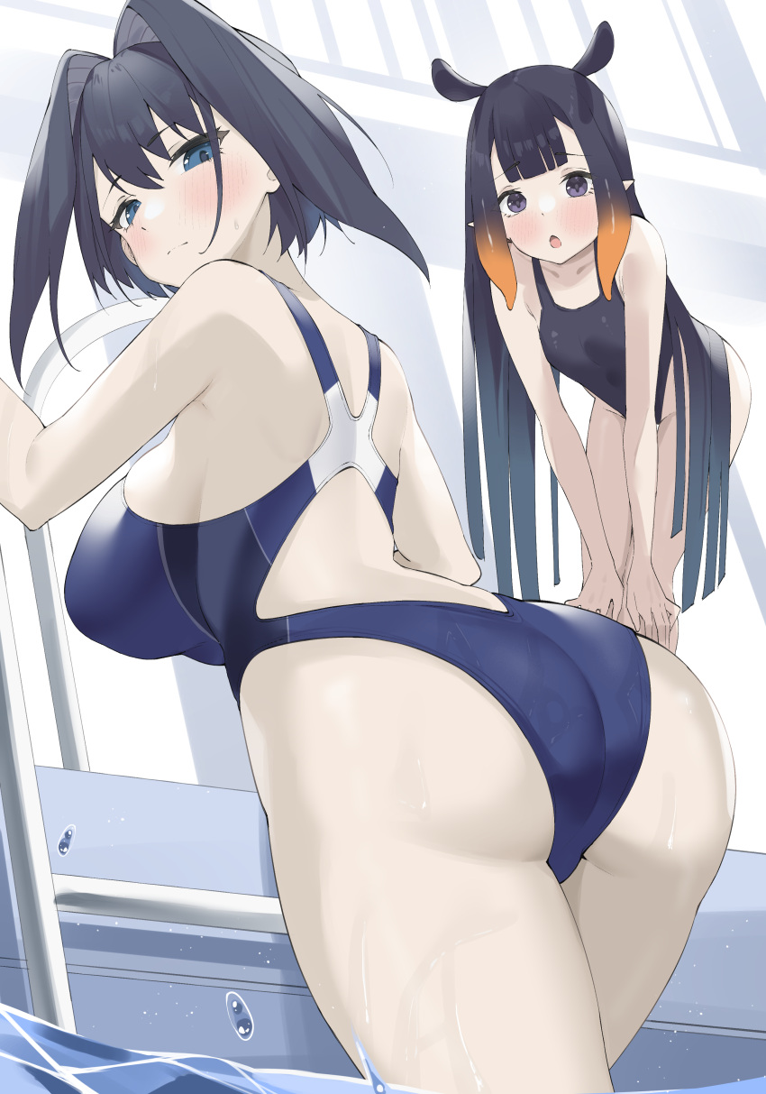 2girls absurdres ass bent_over black_hair black_one-piece_swimsuit blue_eyes blue_hair blue_one-piece_swimsuit breasts byeon_dha grey_eyes highres hololive hololive_english large_breasts long_hair multiple_girls ninomae_ina'nis one-piece_swimsuit ouro_kronii pool pool_ladder short_hair sideboob small_breasts swimsuit tentacle_hair virtual_youtuber wading water