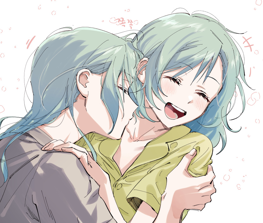 +++ 2girls :d absurdres bang_dream! blush closed_eyes closed_mouth collarbone commentary couple facing_another fingernails green_hair grey_shirt hair_behind_ear hair_down hand_on_another's_arm hand_on_another's_shoulder highres hikawa_hina hikawa_sayo incest kiss kissing_neck long_hair medium_hair motion_lines multiple_girls open_mouth profile shirt short_sleeves siblings sidelocks sisters smile twincest twins white_background yellow_shirt yuri zihacheol