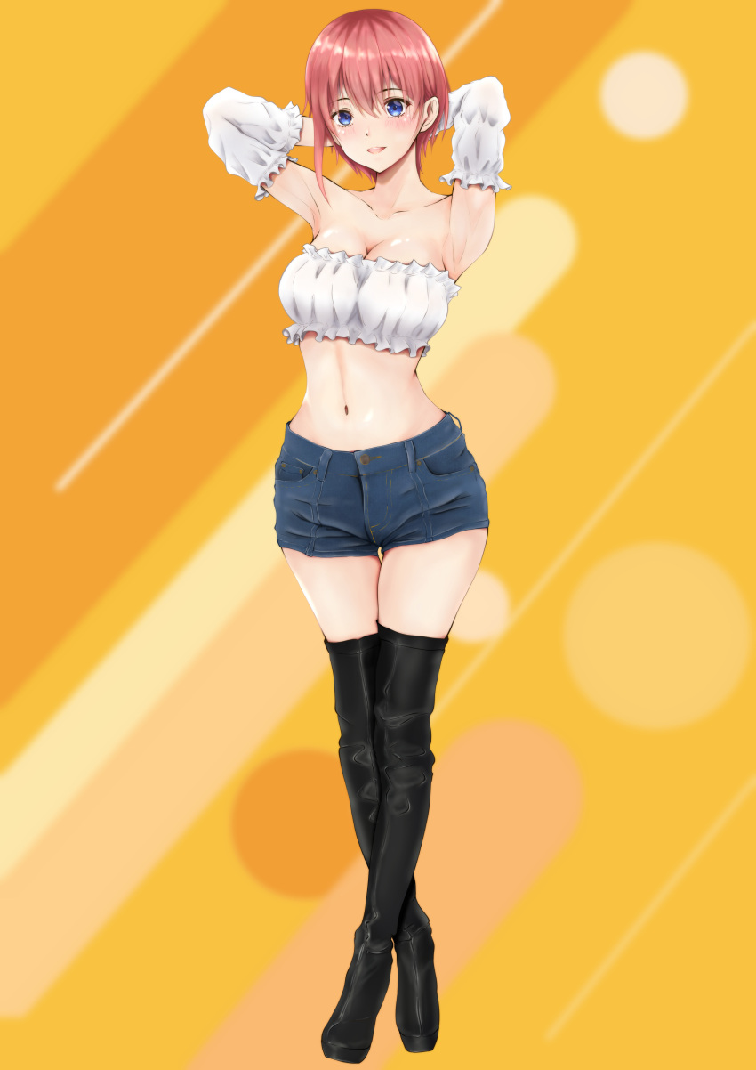 1girl absurdres armpits arms_behind_head bare_shoulders black_footwear blue_eyes blush boots breasts cleavage collarbone denim denim_shorts frilled_sleeves frilled_tube_top frills full_body go-toubun_no_hanayome highres large_breasts looking_at_viewer nakano_ichika navel pink_hair ritsumama_2013 short_hair shorts solo standing strapless thigh_boots thighs tube_top white_sleeves white_tube_top