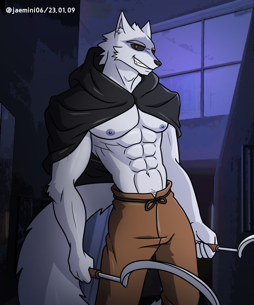 abs absurd_res alkan anthro bottomwear canid canine canis cloak clothed clothing death_(puss_in_boots) hi_res male mammal muscular muscular_anthro muscular_male navel nipples open_cloak pants pecs red_eyes solo topless topless_anthro topless_male white_body wolf