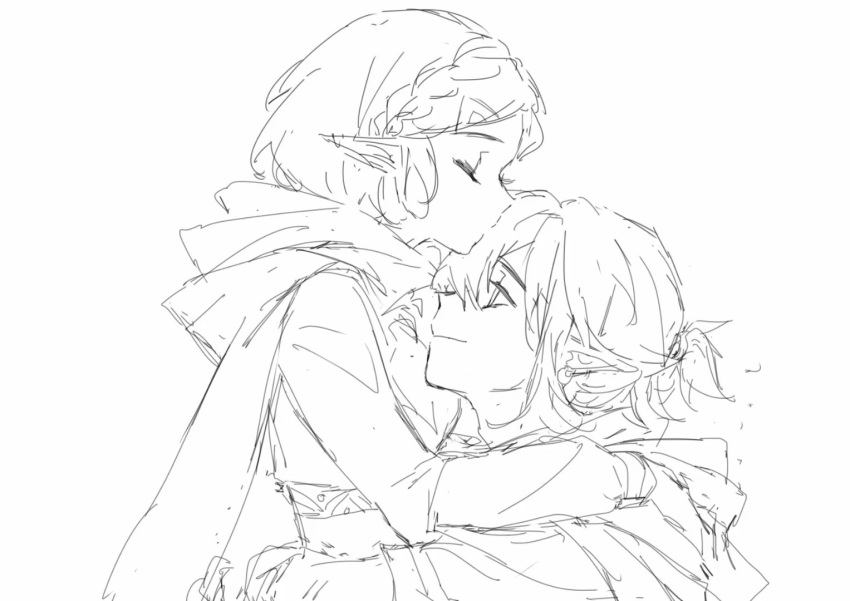 1boy 1girl hug ji_yuyun kiss kissing_forehead link looking_at_another pointy_ears princess_zelda short_hair simple_background sketch the_legend_of_zelda the_legend_of_zelda:_breath_of_the_wild white_background