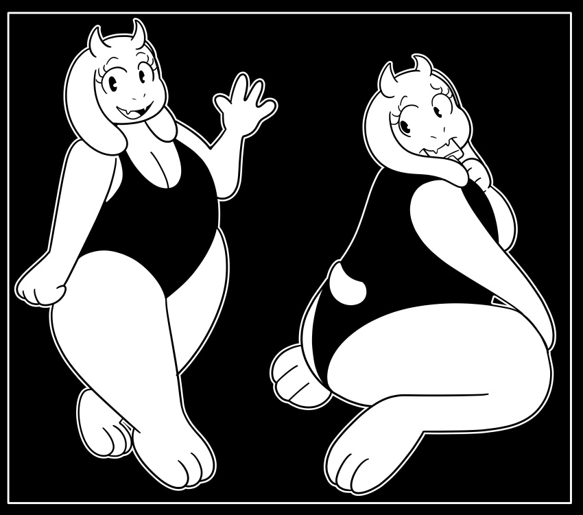 absurd_res anthro boss_monster bovid breasts caprine cleavage clothed clothing female food gesture goat hi_res horn kneeling looking_at_viewer mammal mature_female monochrome one-piece_swimsuit popsicle popsicle_in_mouth solo someth1ngoranother swimwear thick_thighs toriel undertale undertale_(series) waving
