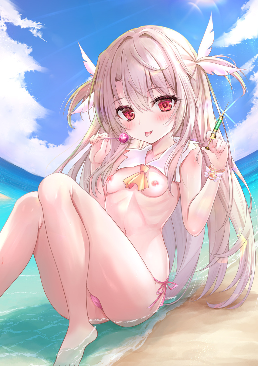 1girl :d :p ascot beach bikini blonde_hair blush breasts candy detached_collar exhibitionism fate/kaleid_liner_prisma_illya fate_(series) feather_hair_ornament feathers food hair_between_eyes hair_ornament hands_up highres holding holding_candy holding_food holding_lollipop holding_syringe illyasviel_von_einzbern knees_together_feet_apart legs lollipop long_hair looking_at_viewer looking_to_the_side magical_ruby navel nipples ocean outdoors partially_submerged petite pink_bikini pink_eyes pink_feathers public_indecency public_nudity red_eyes shaian side-tie_bikini_bottom sitting small_breasts smile solo sun sunlight swimsuit syringe thighs tongue tongue_out topless very_long_hair yellow_ascot