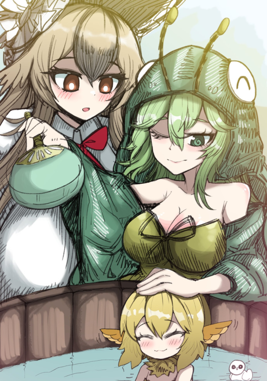 bare_shoulders black_souls blonde_hair blush breasts brown_eyes brown_hair cleavage closed_eyes closed_mouth dodo_(black_souls) green_eyes green_hair hair_between_eyes highres koshou_shou_mitsu long_hair multiple_girls one_eye_closed open_mouth shisha_(black_souls) smile