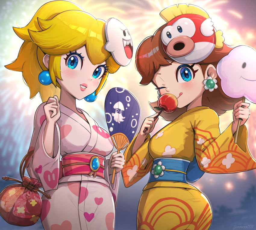 2girls absurdres blonde_hair blue_eyes blurry blurry_background blush boo_(mario) brown_hair candy_apple cheep_cheep depth_of_field earrings fireworks flower_earrings food gonzarez hand_fan highres holding holding_food japanese_clothes jewelry kimono mario_(series) mario_kart mario_kart_tour mask mask_on_head medium_hair multiple_girls official_alternate_costume one_eye_closed orange_kimono pink_kimono princess_daisy princess_daisy_(yukata) princess_peach princess_peach_(yukata) sphere_earrings yukata