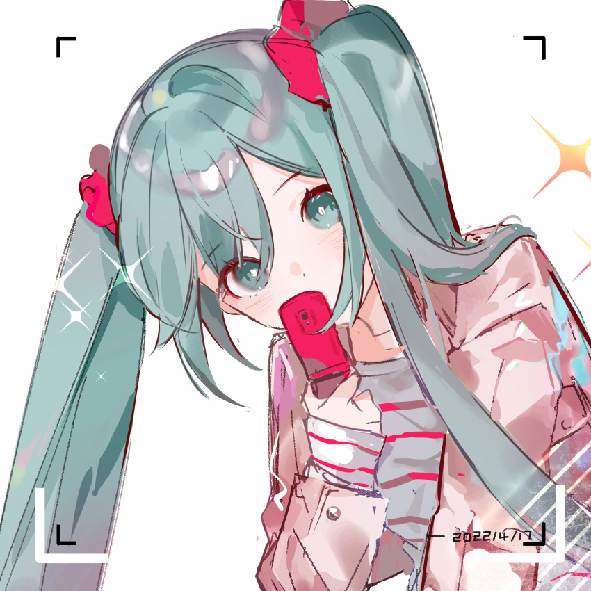 1girl absurdres blue_eyes blue_hair blush cellphone flip_phone hatsune_miku highres jacket long_hair miermere open_clothes open_jacket phone pink_jacket shirt solo striped striped_shirt twintails vocaloid