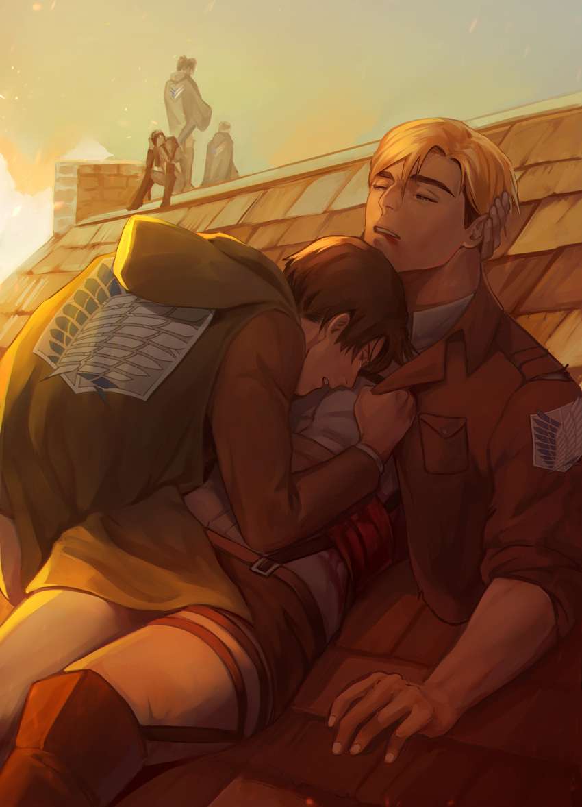 2boys blonde_hair blood blood_on_face breast_pocket brown_coat brown_hair cape chimney clothes_grab coat crying eren_yeager erwin_smith fingernails gravesecrets green_cape hair_between_eyes hand_on_another's_head hange_zoe highres hug injury jacket_grab levi_(shingeki_no_kyojin) long_sleeves male_focus mikasa_ackerman multiple_boys pants paradis_military_uniform people pocket rooftop shingeki_no_kyojin shirt sunset survey_corps_(emblem) white_pants white_shirt