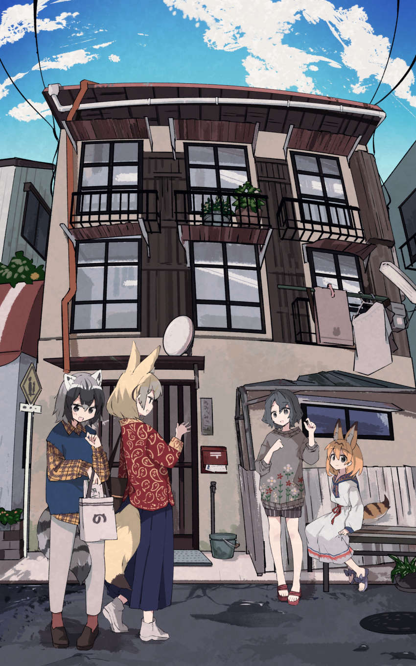 4girls alternate_costume animal_ears bag black_hair black_skirt blonde_hair blue_sky cloud commentary common_raccoon_(kemono_friends) day extra_ears fennec_(kemono_friends) fox_ears fox_girl fox_tail grey_hair hair_between_eyes highres japari_symbol kaban_(kemono_friends) kemono_friends long_skirt multicolored_hair multiple_girls nanana_(nanana_iz) outdoors raccoon_ears raccoon_girl raccoon_tail serval_(kemono_friends) short_hair skirt sky tail