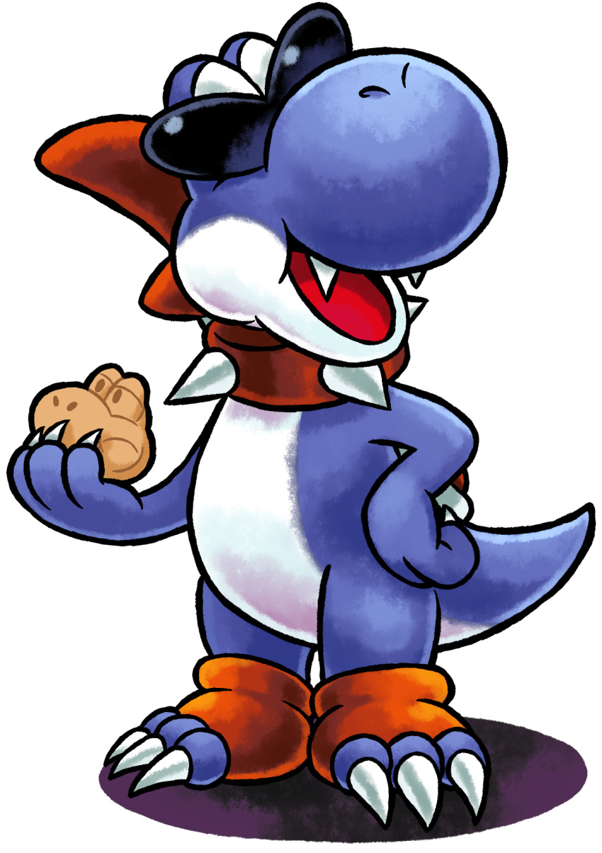 1boy boshi_(super_mario_rpg) collar cookie food hand_on_own_hip highres holding holding_food mario_&amp;_luigi_rpg mario_(series) masanori_sato_(style) mast3r-rainb0w no_humans open_mouth signature simple_background solo spiked_collar spikes sunglasses super_mario_rpg transparent_background yoshi