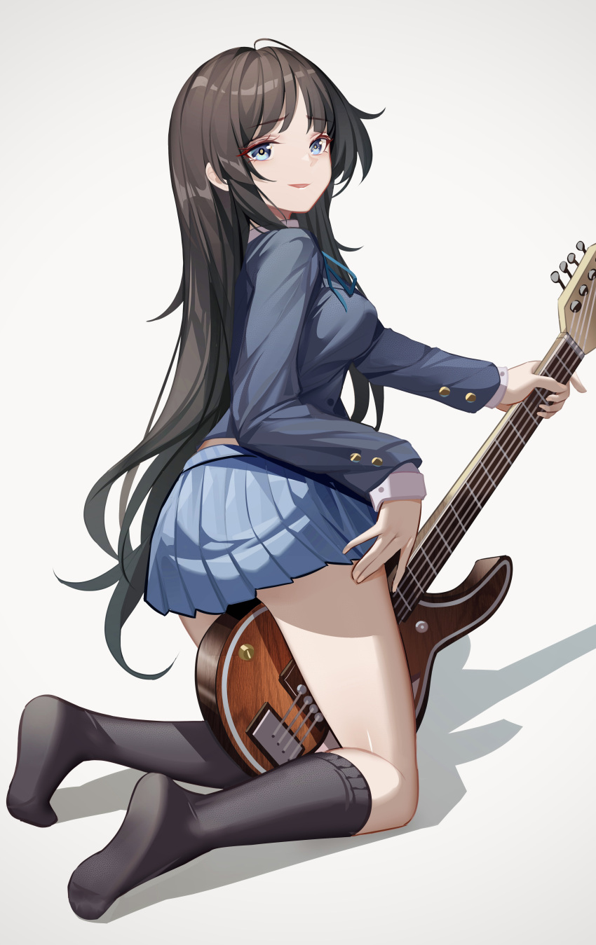 1girl absurdres akiyama_mio bass_guitar black_eyes black_hair black_socks blazer blue_jacket blue_ribbon blue_skirt breasts collared_shirt commentary_request from_behind full_body highres holding holding_instrument instrument jacket k-on! kneehighs kneeling large_breasts left-handed long_hair long_sleeves luai neck_ribbon no_shoes pleated_skirt ribbon sakuragaoka_high_school_uniform school_uniform shadow shirt sidelocks simple_background skirt socks solo white_background white_shirt winter_uniform