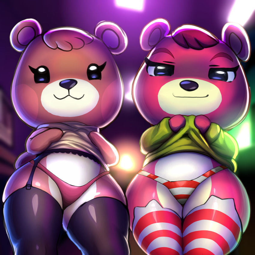 2023 absurd_res animal_crossing anthro bear biped black_clothing black_eyes black_latex black_legwear black_nose black_stockings black_thigh_highs bottomwear cheri_(animal_crossing) closed_smile clothed clothing clothing_lift countershade_face countershade_torso countershading diacordst duo eyebrows female front_view garter_belt garter_straps half-closed_eyes head_tuft hi_res hoodie latex latex_thigh_highs legwear mammal maple_(animal_crossing) mouth_closed multicolored_body multicolored_clothing multicolored_panties multicolored_underwear narrowed_eyes nintendo panties pattern_bottomwear pattern_clothing pattern_legwear pattern_panties pattern_stockings pattern_underwear pink_body pink_clothing pink_panties pink_underwear presenting red_clothing red_legwear red_panties red_stockings red_underwear round_ears short_stack short_tail smile standing stockings striped_bottomwear striped_clothing striped_legwear striped_panties striped_stockings striped_underwear stripes tail thick_thighs thigh_highs topwear tuft two_tone_body two_tone_clothing two_tone_panties two_tone_underwear underwear white_body white_clothing white_panties white_stocking white_underwear