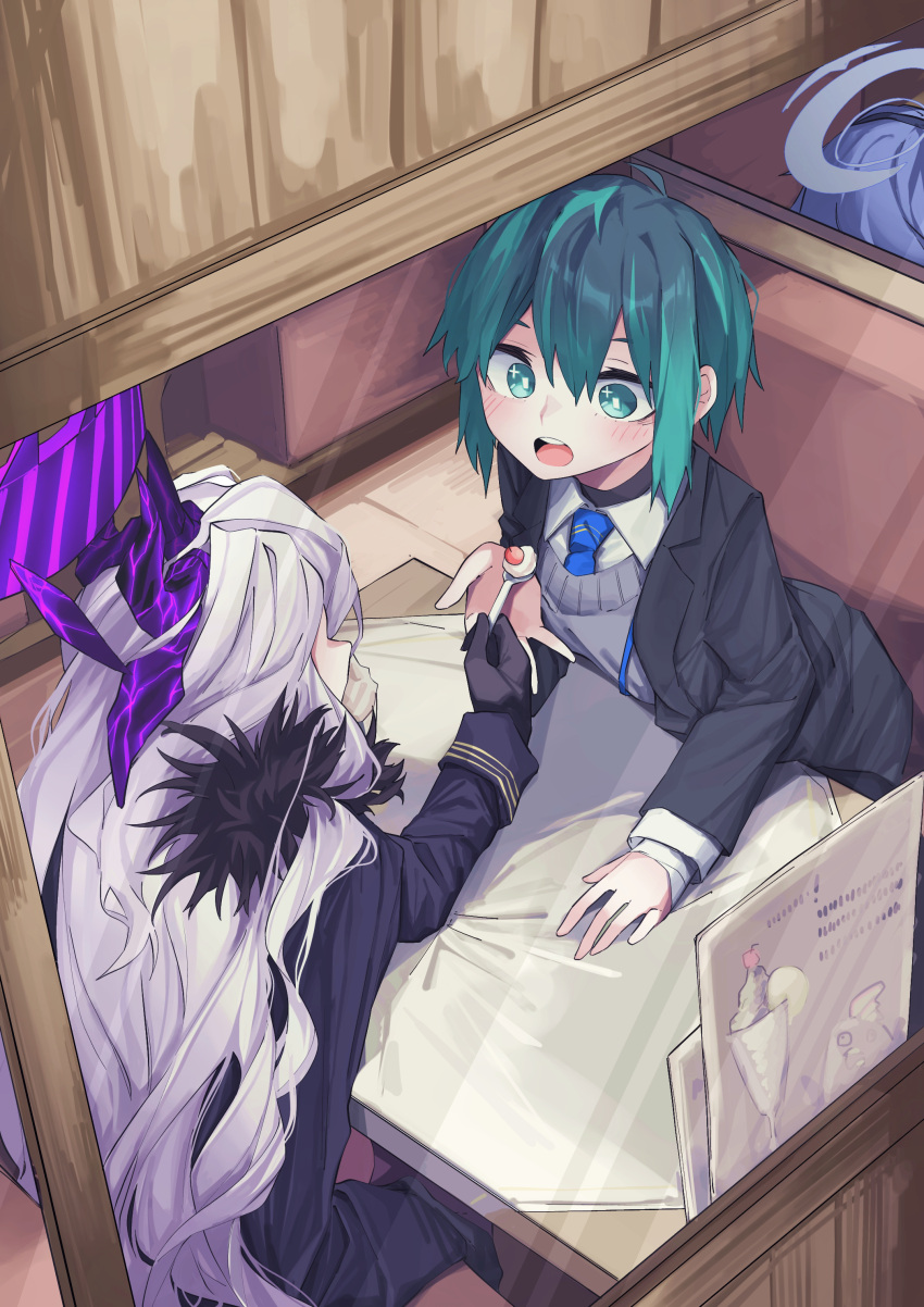 absurdres ahoge ako_(blue_archive) blue_archive blue_necktie blush bodysuit demon_girl demon_horns diner feeding female_sensei_(blue_archive) gloves green_eyes green_hair hair_ornament hairclip halo highres hina_(blue_archive) horns long_hair long_sleeves necktie parfait sensei_(blue_archive) sparkling_eyes sweater_vest very_long_hair vivo_(vivo_sun_0222) white_hair