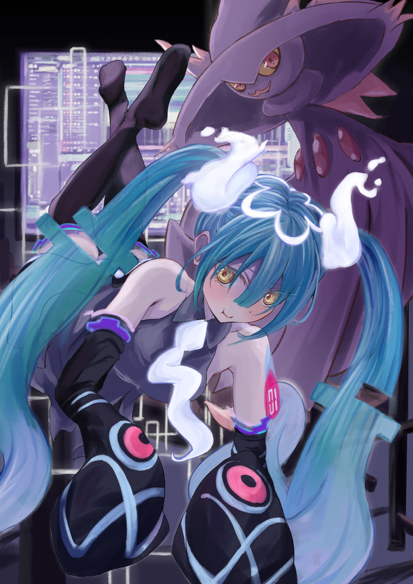 1girl absurdres aqua_hair black_thighhighs collared_shirt floating ghost ghost_miku_(project_voltage) glitch gradient_hair grey_shirt hatsune_miku highres legs_up long_hair looking_at_viewer mismagius multicolored_hair necktie no_renor_en pokemon pokemon_(creature) project_voltage shirt skirt sleeves_past_fingers sleeves_past_wrists thighhighs twintails very_long_hair vocaloid will-o'-the-wisp_(mythology) yellow_eyes