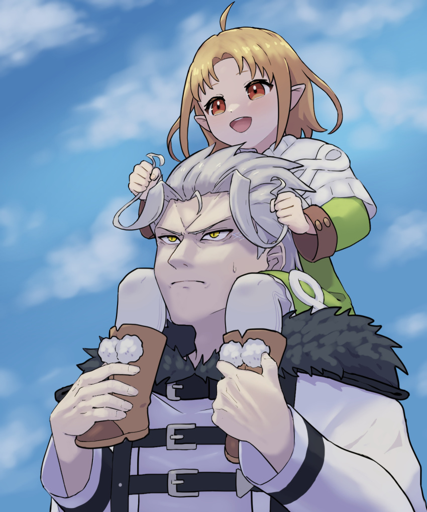 1boy 1girl blonde_hair boots carrying commission elf highres long_coat lucy_greyrat mushoku_tensei open_mouth orsted_(mushoku_tensei) pixiv_commission pointy_ears red_eyes short_hair shoulder_carry sky smile urin_(littleurin) white_hair yellow_eyes