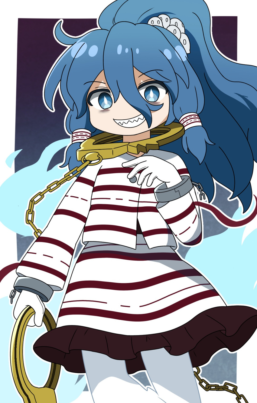 1girl blue_eyes blue_hair chain commentary_request cuffs ghost_tail gloves gold_chain grin hair_ornament hair_tubes handcuffs highres holding holding_handcuffs long_sleeves messy_hair miyadeguchi_mizuchi ponytail prison_clothes purple_stripes rizleting shackles sharp_teeth shirt sidelocks skirt skull_hair_ornament smile striped striped_shirt striped_skirt teeth touhou white_gloves white_shirt white_skirt