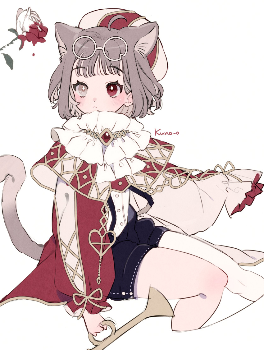 1girl animal_ears artist_name black_shorts brown_hair cat_ears cat_tail coat eyewear_on_head flower hat heterochromia highres holding jikuno long_sleeves original red_coat red_headwear short_hair shorts simple_background sitting sketch solo tail white_background