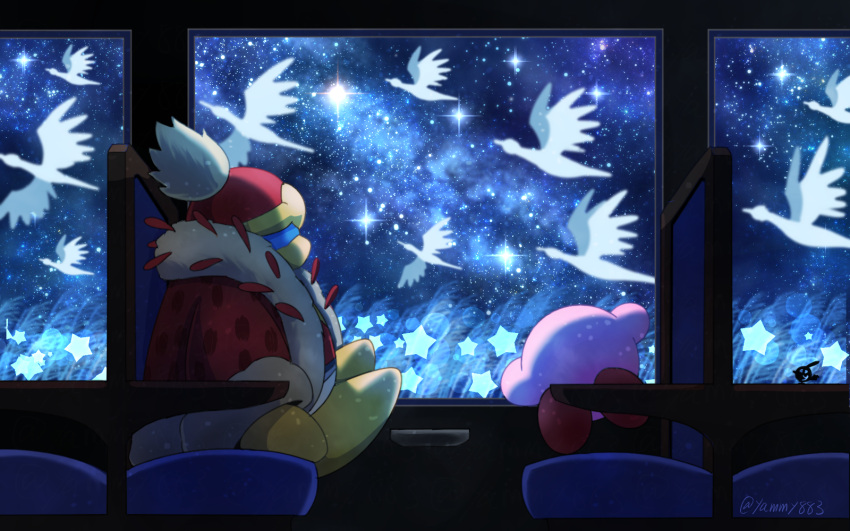 bird blue_theme crane_(animal) field galaxy ginga_tetsudou_no_yoru highres king_dedede kirby kirby_(series) looking_outside night night_sky no_humans red_headwear sitting sky star_(sky) star_(symbol) starry_sky train_interior white_bird window yamy_(iseki_no_kusamura)