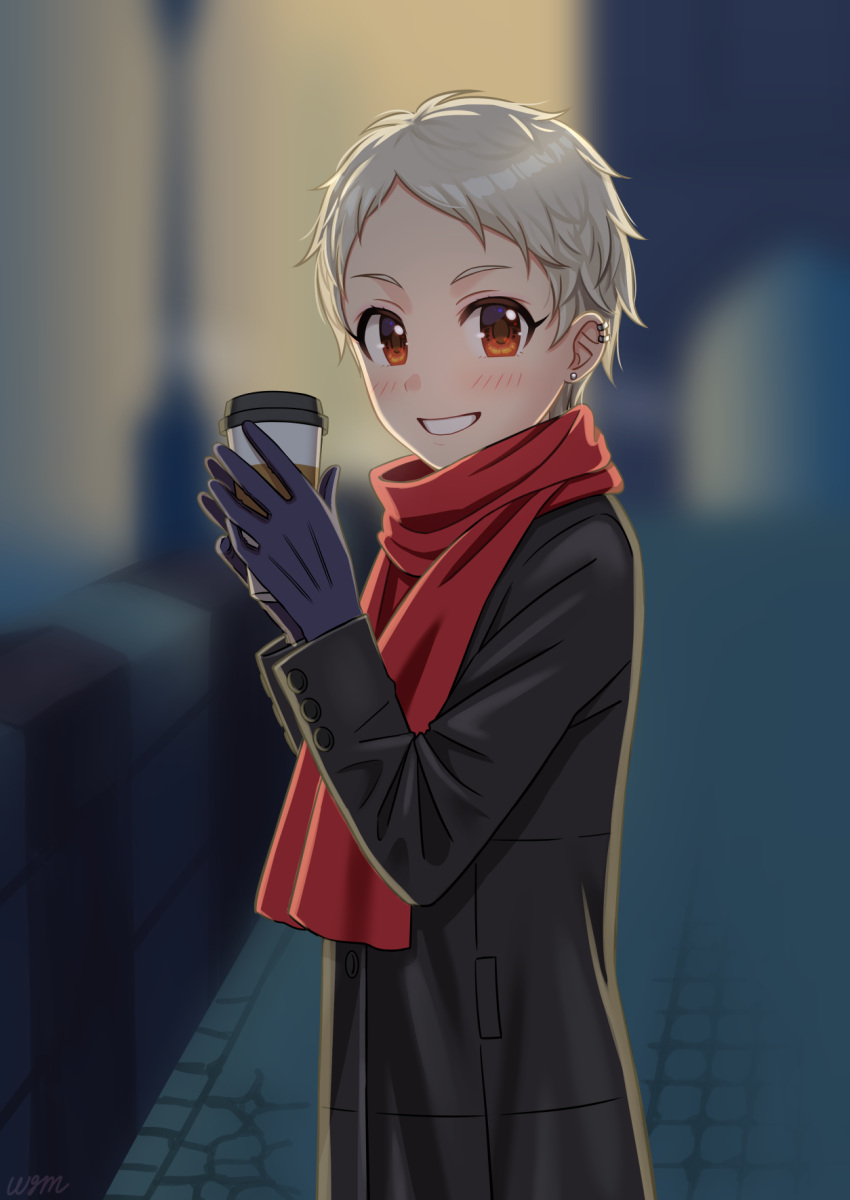 1girl black_coat black_gloves blurry blurry_background blush coat coffee commission cup disposable_cup earclip earrings gloves highres holding holding_cup idolmaster idolmaster_cinderella_girls jewelry long_sleeves looking_at_viewer outdoors pixiv_commission red_scarf scarf senzaki_ema short_hair smile standing stud_earrings wgm_oekaki