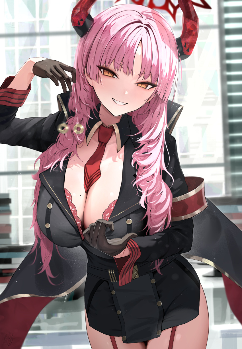 1girl absurdres between_breasts black_gloves blue_archive bra breasts cleavage commentary demon_horns garter_straps gloves grin halo hidulume highres holding_pendulum horns large_breasts long_hair military military_uniform mole mole_on_breast necktie necktie_between_breasts pendulum pink_hair red_bra red_necktie satsuki_(blue_archive) smile solo underwear uniform yellow_eyes