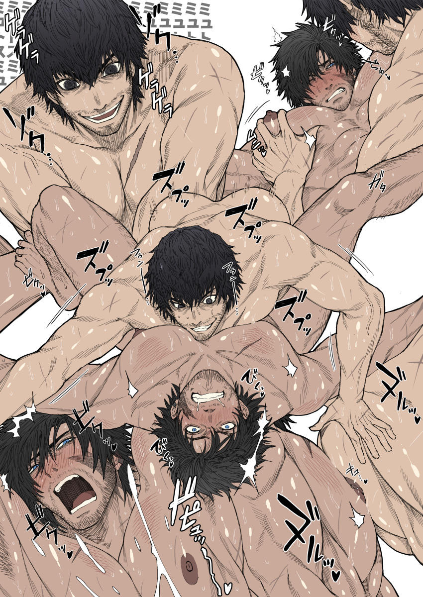 2boys absurdres anal ass bara barnabas_tharmr black_hair blue_eyes blush clenched_teeth clive_rosfield completely_nude evil_smile facial_hair final_fantasy final_fantasy_xvi grabbing highres large_pectorals male_focus moaning multiple_boys muscular muscular_male nipples nude one_eye_closed open_mouth pectoral_grab pectorals rape scar scar_on_cheek scar_on_chest scar_on_face sex short_hair smile sucking_male_nipple teeth translation_request yaoi zanki