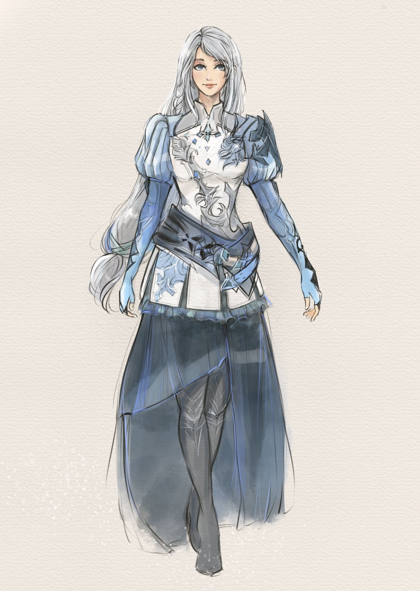 1girl belt boots braid final_fantasy final_fantasy_xvi fingerless_gloves full_body gloves grey_eyes grey_hair highres jill_warrick long_hair loose_belt low-tied_long_hair official_alternate_costume papermint_tea puffy_sleeves simple_background single_braid smile solo standing