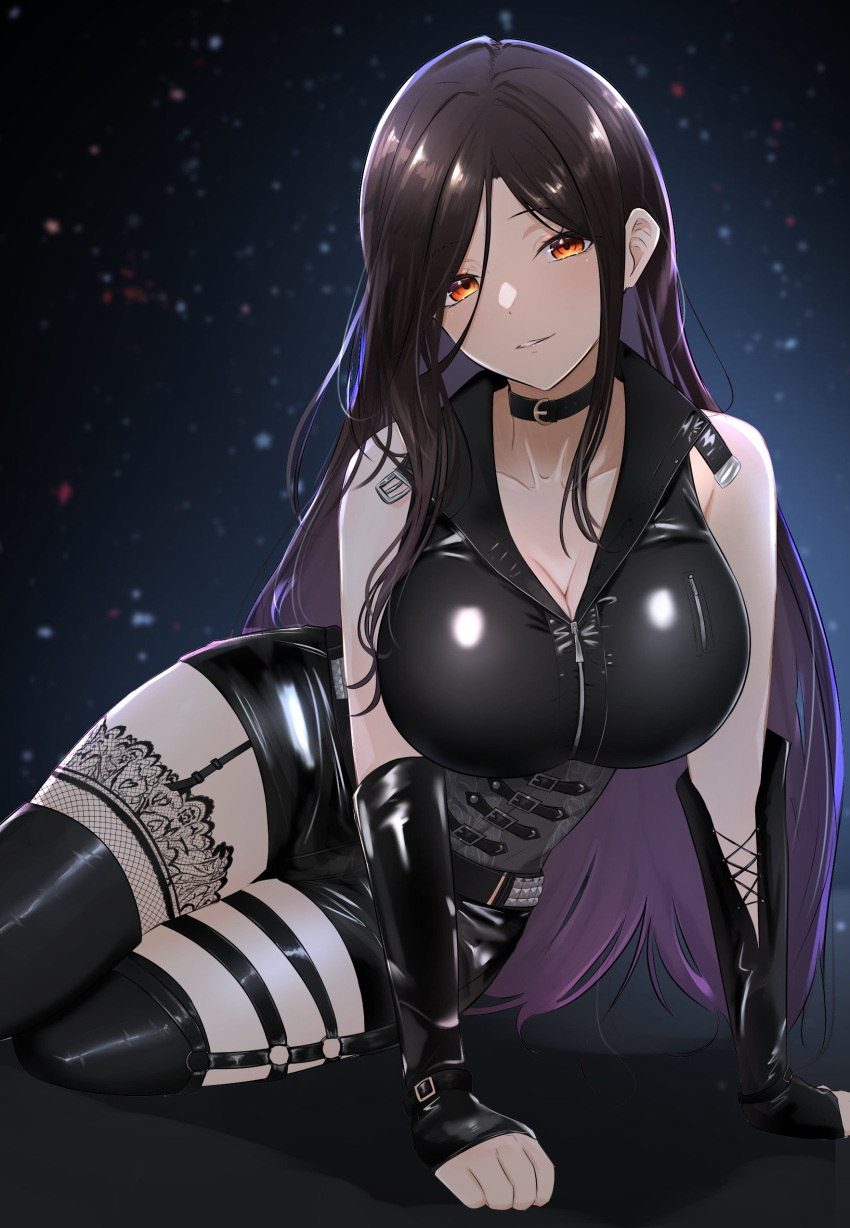 1girl absurdres asymmetrical_legwear belt black_corset black_hair breasts corset gradient_hair highres huge_breasts lace-trimmed_legwear lace_trim long_hair looking_at_viewer multicolored_hair nijisanji orange_eyes shirayuki_tomoe shirayuki_tomoe_(9th_costume) shorts smile solo tchai_covsky thighhighs virtual_youtuber