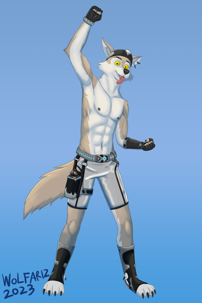 2023 4_toes 5_fingers abs absurd_res anthro athletic athletic_anthro athletic_male belt black_nose bottomwear canid canine canis claws clothed clothing dewclaw digital_media_(artwork) epic_games fangs feet finger_claws fingerless_gloves fingers fist_pump footwear fortnite fur gloves grey_body grey_fur handwear hat headgear headwear hi_res hindpaw humanoid_hands male mammal multicolored_body multicolored_fur navel nipples open_mouth open_smile paws shorts signature smile solo teeth toeless_footwear toes tongue tongue_out topless topless_anthro topless_male two_tone_body two_tone_fur wendell_(fortnite) white_body white_fur wolf wolfariz