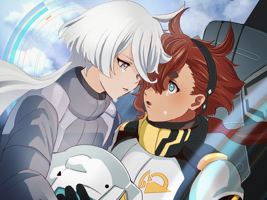2girls ahoge aqua_eyes black_hairband closed_mouth cloud cockpit crying crying_with_eyes_open grey_eyes grey_hair gundam gundam_suisei_no_majo hair_between_eyes hairband helmet highres holding holding_helmet long_hair long_sleeves looking_at_another low_ponytail miorine_rembran mobile_suit multiple_girls open_mouth red_hair sad suletta_mercury swept_bangs tears thick_eyebrows upper_body yooooi