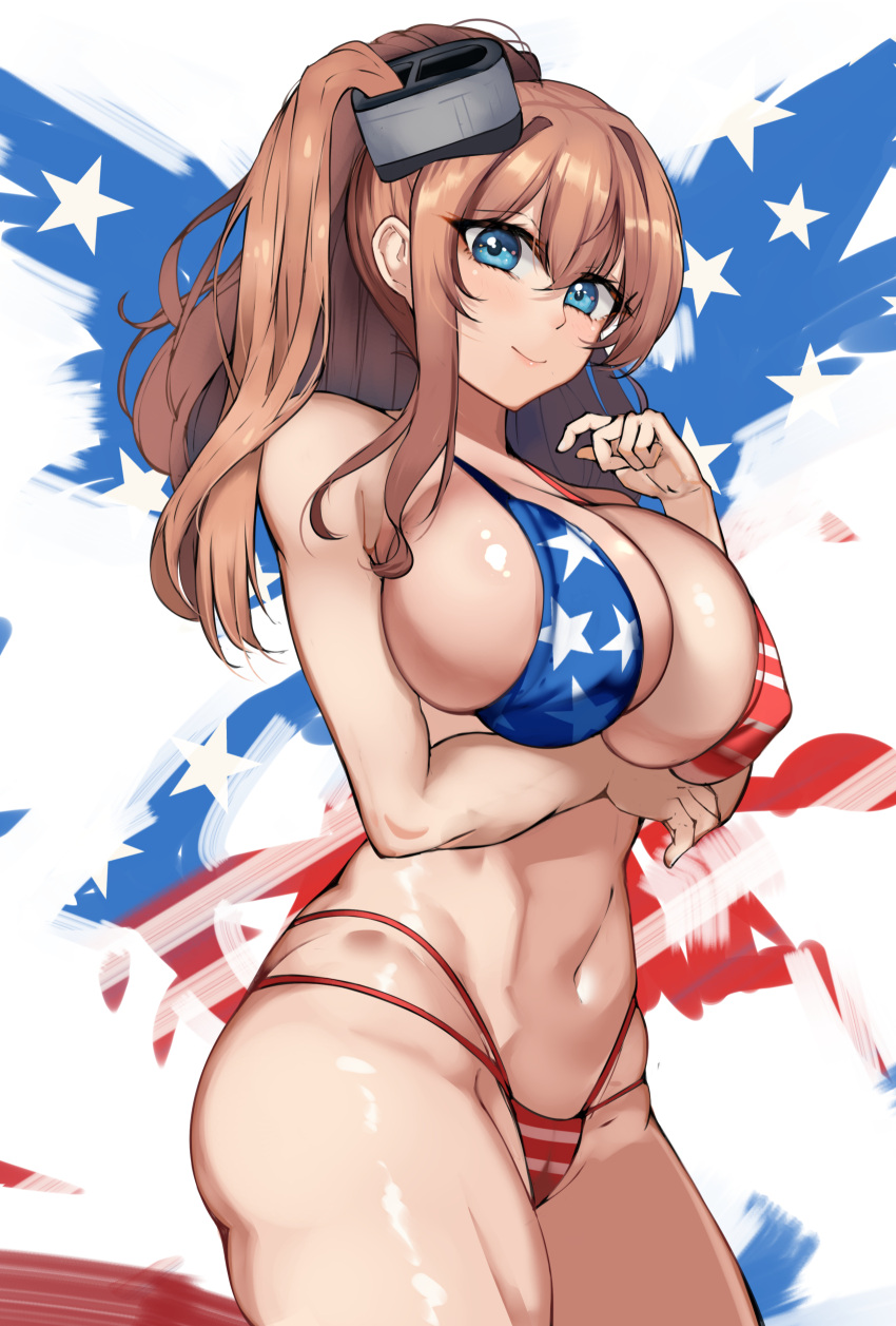 1girl absurdres alternate_costume american_flag_bikini arm_under_breasts bikini blue_eyes breasts brown_hair cameltoe cowboy_shot flag_print hair_between_eyes high_side_ponytail highres kantai_collection large_breasts long_hair multi-strapped_bikini_bottom navel nestleo ponytail saratoga_(kancolle) side_ponytail sidelocks smokestack_hair_ornament solo standing swimsuit